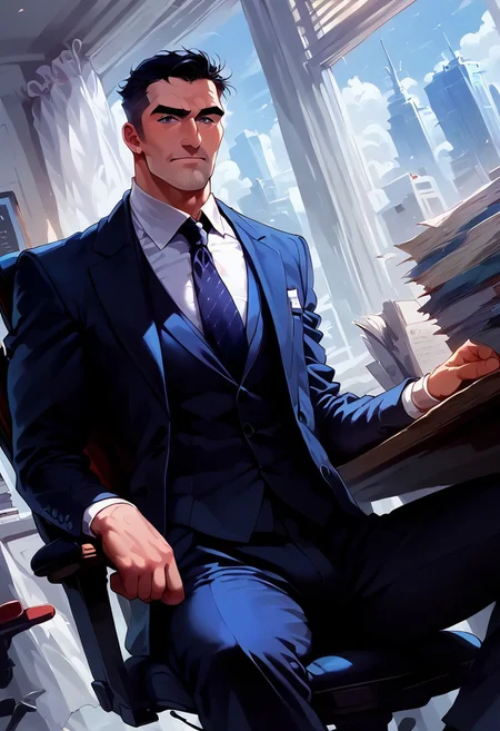 score_9, score_8_up, score_7_up, high quality, detailed, concept art, realistic, mid waist portrait,
BREAK
,1man, solo, large bara, similar in appearance to rufus sewell, in a modern office, mature male, CEO, touseled black hair with grey at temples, short hair, grey eyes, discerning features, attractive older features, white skin, short black hair grey sides, bara, muscular old man, stubble, dark eyebrows, sitting comfortably in office chair, at his desk, sitting at desk, leaning back in chair, business suit, suit, business jacket, suit, necktie, business slacks, broad shoulders, clean shaven, in his mid 40s, tall, casual pose, LA skyline in the background, expressive, perfecteyes