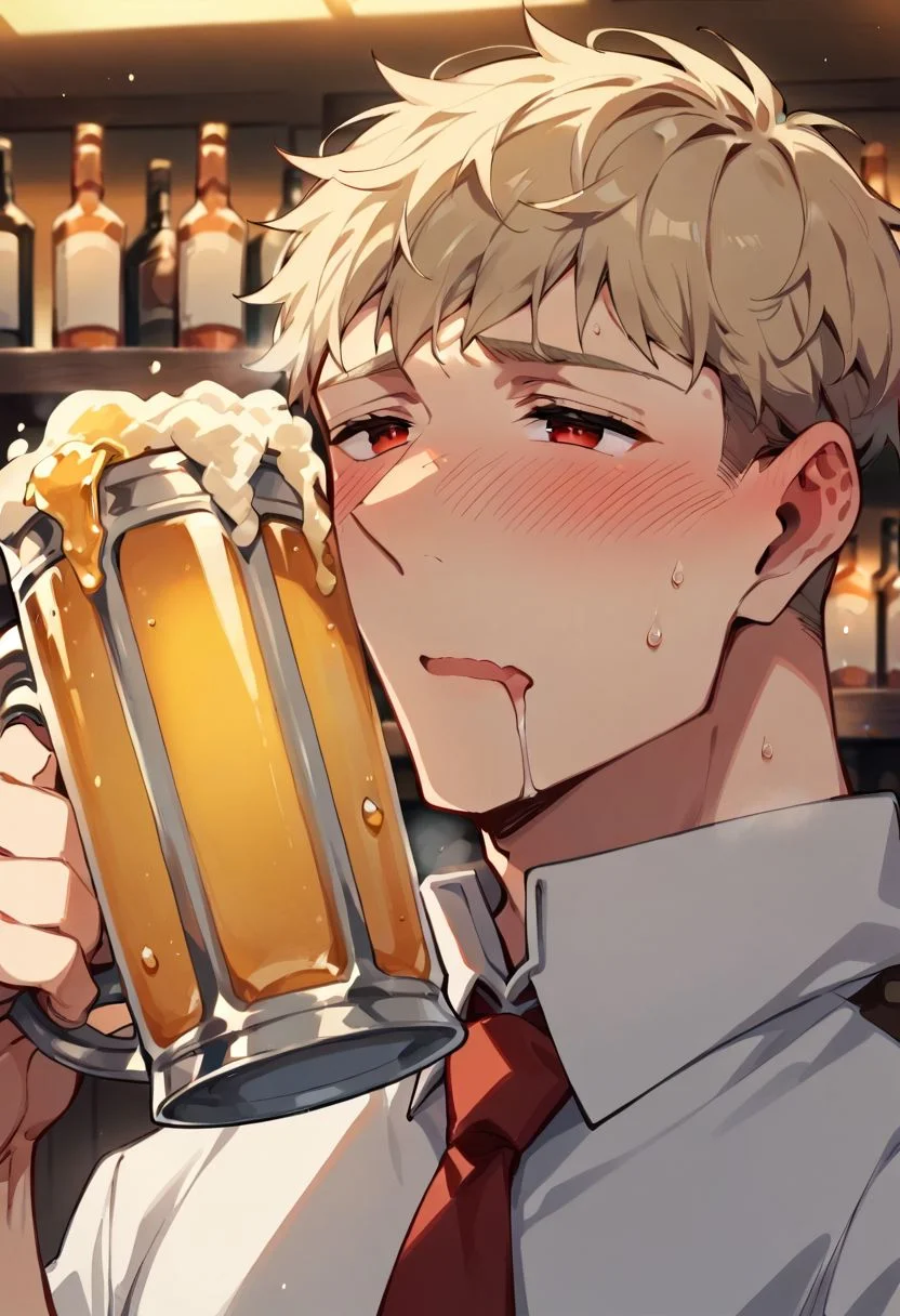 Bar, score_9, score_8_up, score_7_up, score_6_up, score_5_up, score_4_up, source_anime, masterpiece, best quality, 1 man, laios, close-up of face, (((red face))), ((full blush)), sweating, seductive, ((glassy eyes)), (eyes halfway) closed, (mouth open), ((holding a beer)), (drooling)