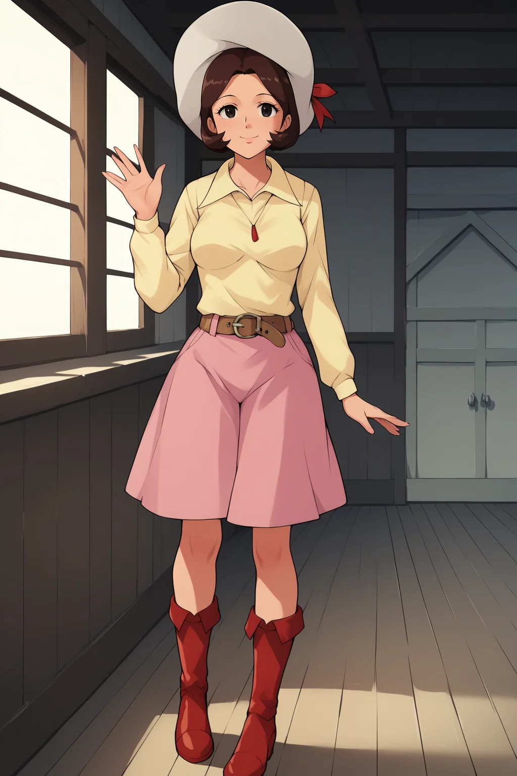 score_9, score_8_up, score_7_up, score_6_up, BREAK, HikaruMakibaUFOXL, 1980s (style), black eyes, brown hair, short hair, medium breasts, white sun hat, yellow shirt, long sleeves, brown belt, pink skirt, red boots, solo, full body, standing, waving, seductive smile, looking at viewer, indoors <lora:HikaruMakibaUFOXL:0.8>