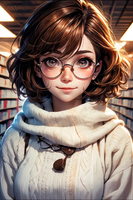 closeup, face, portrait, upper body,
freckles,
shy, blush,
(short brown hair:1.1),
(library:1.1),
(round glasses:1.2),
(brown eyes:1.4),
cozy, detailed eyes, winter sweater,
<lora:more_details:0.4>
<lora:Cosmic anime-oil fusion v2:0.45>
<lora:AnimeVibesV3:0.55> animevibes,
<lora:3DMM_V11:0.55> 3DMM
<lora:midjourney_20230624181825:0.65> midjourney ,
<lora:LAS:0.15> cloud,colorful,
<lora:msw_locon-t2:0.25>, shiny, shiny hair, shiny skin, shiny clothes