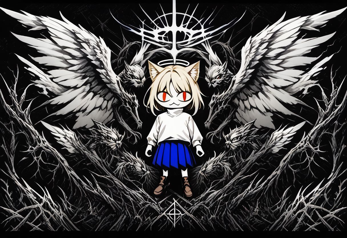 score_9, score_8_up, score_7_up, score_6_up, score_5_up, score_4_up, rating_safe,necoarc,blonde hair, red eyes, slit pupils, cat ears, :3, chibi,turtleneck, white shirt, blue skirt, pleated skirt, pantyhose, brown footwear,greyscale, monochrome, limited palette, horror (theme),angel wings,halo,abyss,hell