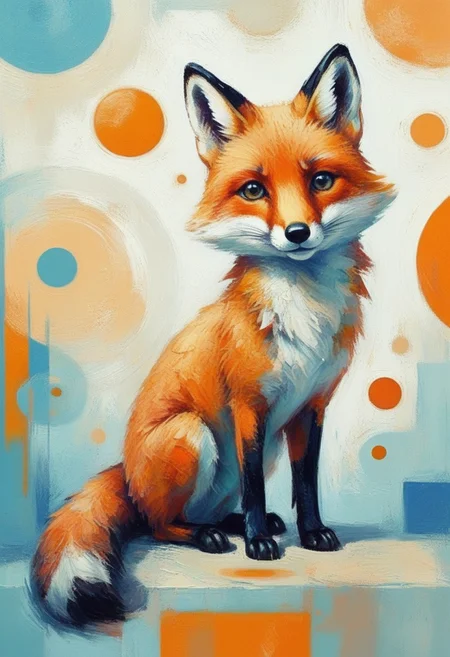 Abstract expressionist painting, pop art and cubism. straight lines, circles and bodies, cute fox without body, (((warm colors))), blue, intricate details, hologram floating in space, a vivid digital illustration, dribbling, quantum wave tracking, white background, Behance HD, vivid colors, flat Color, 2D, strong lines, Pop Art. Energetic brushstrokes, strong colors, abstract shapes, expressive, emotional, illustration, perfect composition, intricate details, absurd, atmospheric lighting, streaks of light, vibrant colors, very detailed, midjourneyv6.1, detail background, perfection, impressionist painting