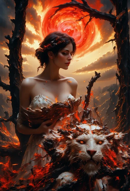 realistic. steppe. hill. tree. A white tiger lies under a tree. cuddling with a beautiful young woman. the woman is sleeping. vivid colors, vivid background, red sun, hourglass body shape, perfection style, hkmagic,