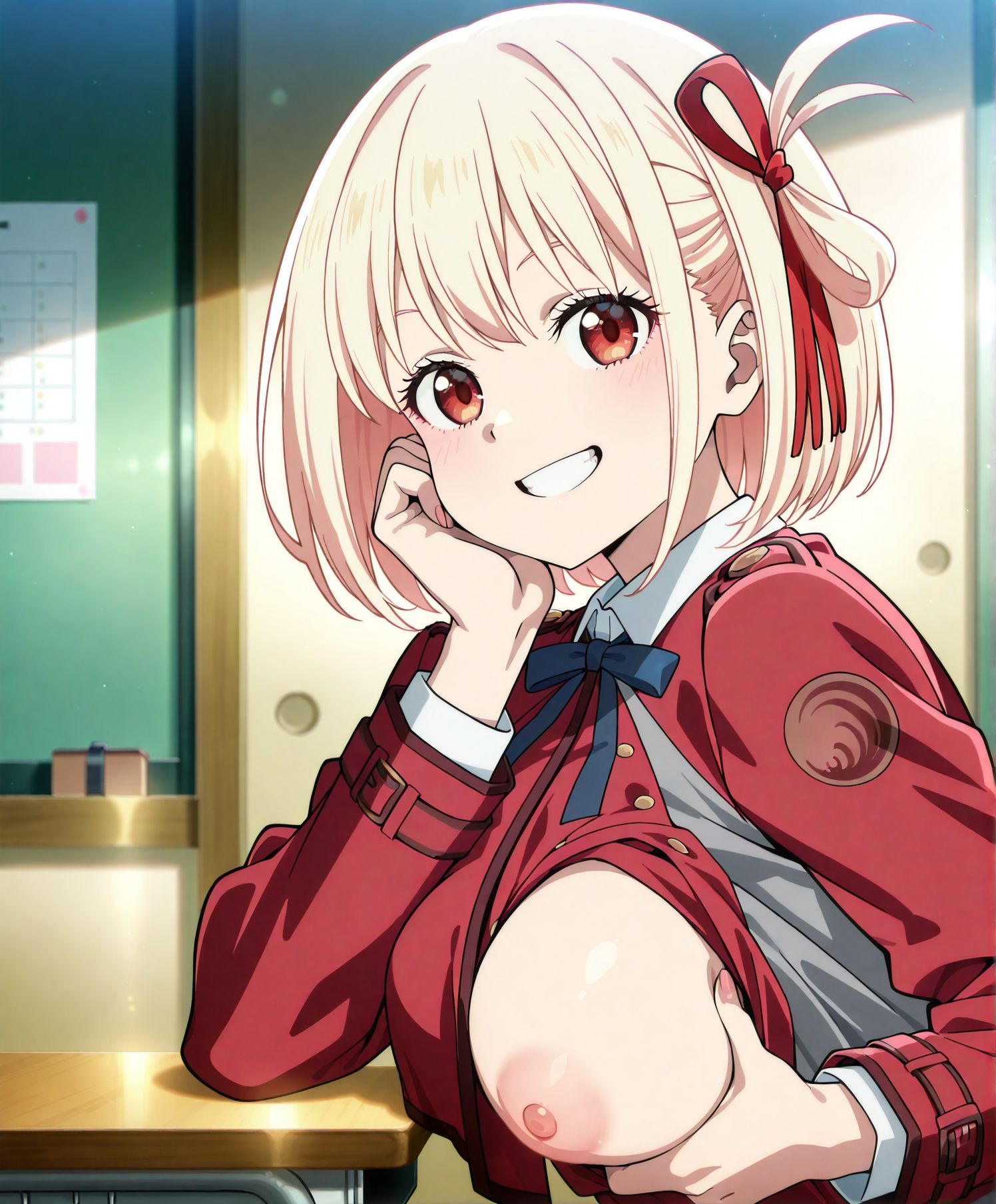<lora:add-detail-xl:0.5>,masterpiece, best quality, newest, absurdres, highres, detailed eyes, beautiful, detailed background, perfect eyes, anime coloring, anime screencap,
<lora:flashing_breasts_Illustrious-000039:0.5>flashing_breastsV1,
oppai challenge, presenting breasts, looking at viewer, grin,
flashing, one breast out, from side, sitting, head rest,
lifting own clothes, no bra, nipples, clothes pull,    
official art, 
nishikigi chisato, lycoris recoil, school uniform, 
20 YO,milf,adult,