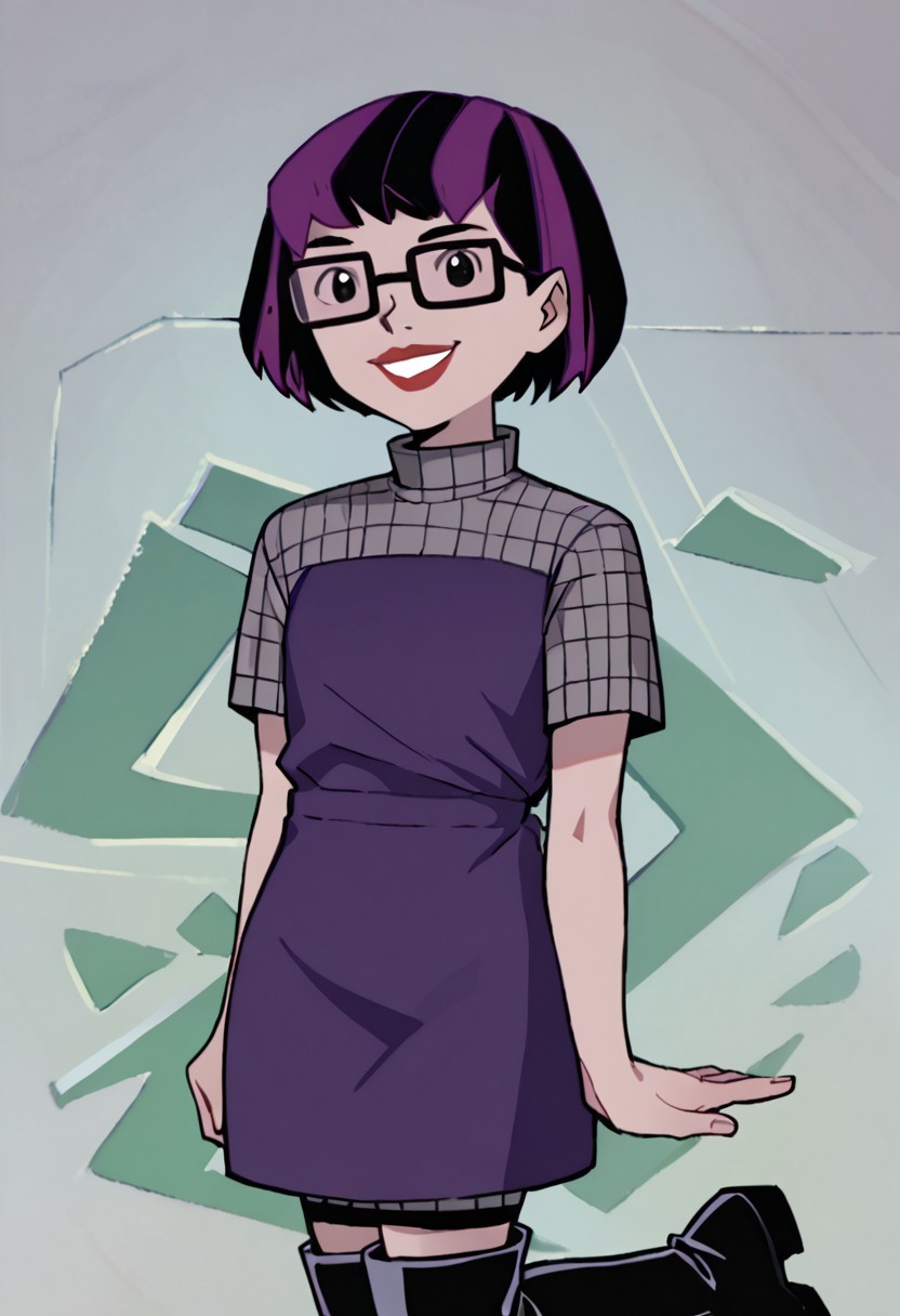 score_9, score_8_up, score_7_up BREAK VicFick, 1girl, black purple bob cut, black eyes, lipstick, glasses, short-sleeved black purple dress, grey short sleeves, black boots, smiling at viewer,