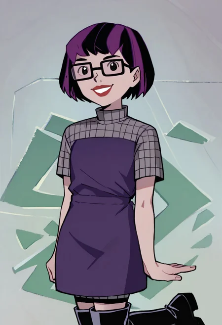 score_9, score_8_up, score_7_up BREAK VicFick, 1girl, black purple bob cut, black eyes, lipstick, glasses, short-sleeved black purple dress, grey short sleeves, black boots, smiling at viewer,