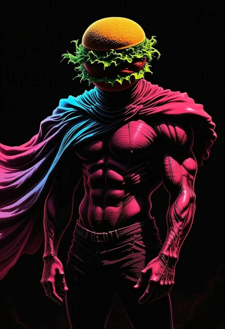 m100-style, a muscular Cheeseburger with a Planethead, juicy, deep blacks, charming mysterious, Action Scene, billowing translucent Rainbow colored cape, volumetric lighting, realistic analog photo,