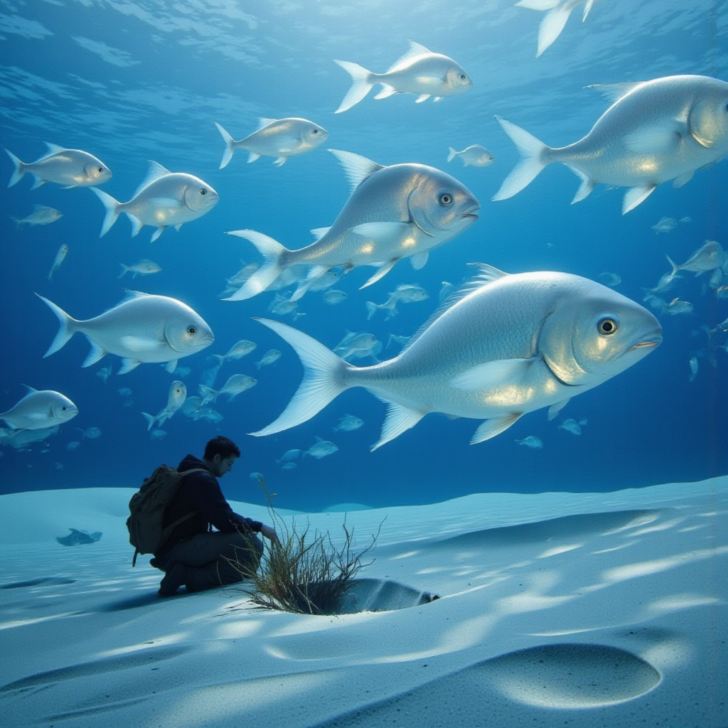 <lora:lora-DuoTone, Bleaked White_trained:1>DuoTone, Bleaked White, a vast, glowing desert where massive translucent fish glide smoothly through dunes of soft blue sand. A lone traveler kneels to touch the surface, but their hand sinks in like water. A school of sand-fish swirls around their legs, whispering secrets in a language they almost understand.