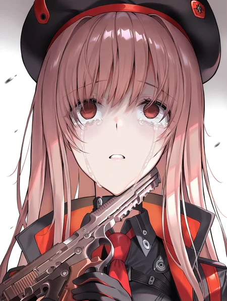 (masterpiece,best quality,ultra_detailed,highres,absurdres:1.2,amazing quality,very aesthetic),<lora:overzone_ilxl_v1-000006:1>,rapi \(nikke\),1girl,holding gun,crying,crying with eyes open,tears,solo,handgun,parted lips,empty eyes,suicide,gun to head,streaming tears,portrait,