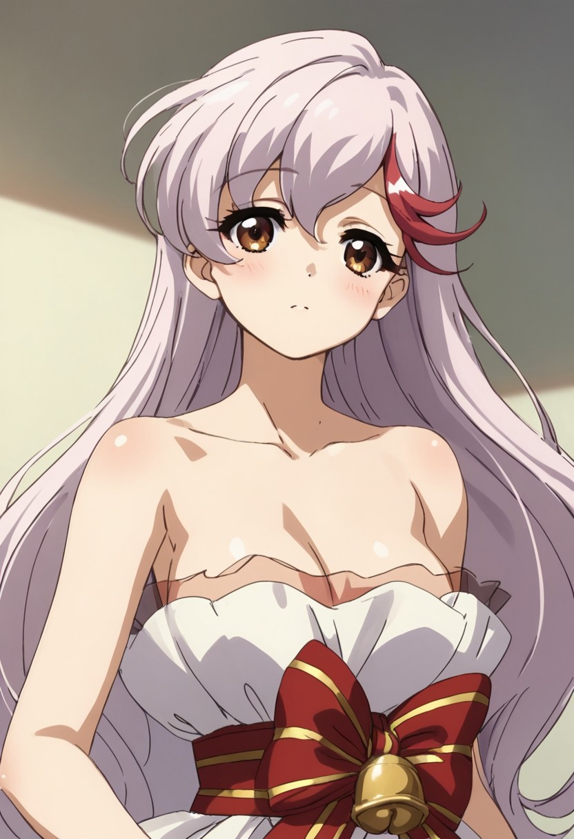 score_9,score_8_up,score_7_up, aikawa_akane, 1girl, solo, long hair, streaked hair, multicolored hair, white hair, red hair, brown eyes,  akane_dream, strapless, bare shoulders, red ribbon, red bow, breasts, strapless dress, barefoot, bell, front view, upper body,
