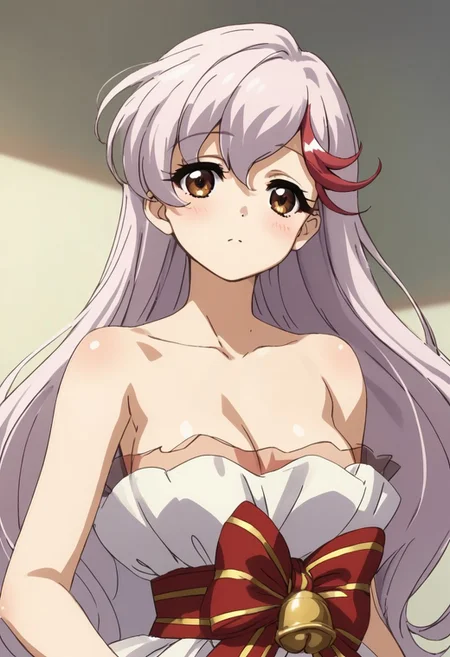 score_9,score_8_up,score_7_up, aikawa_akane, 1girl, solo, long hair, streaked hair, multicolored hair, white hair, red hair, brown eyes, akane_dream, strapless, bare shoulders, red ribbon, red bow, breasts, strapless dress, barefoot, bell, front view, upper body,