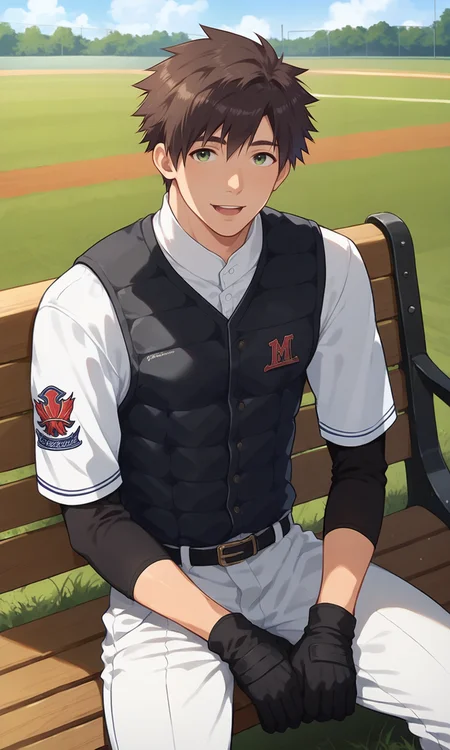 score_9, score_8_up, score_7_up, masterpiece, best quality, lots of details, close-up, ((1boy)), Masaru, solo, mouth open, light smile, male focus, sitting, on bench, looking at viewer, white pants, layered sleeves, (black sleeves:1.3), short over long sleeves, short sleeves, white cut-out shirt, black protective vest, black gloves, shaded, detailed shading, detailed skin, shaded skin, realistic shading, Expressiveh, countershading:1.1, baseball field, outdoors, <lora:add-detail-xl:0.7>, <lora:Smooth Anime 2 Style SDXL_LoRA_Pony Diffusion V6 XL:0.8>, <lora:Expressive_H:0.7>, <lora:Masaru_XL_V10_OPT:0.9>