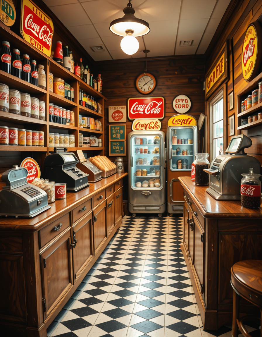 A vintage 1950s grocery store filled with nostalgic details. Wooden shelves neatly stocked with classic canned goods, glass soda bottles, and colorful retro packaging. An old-fashioned cash register sits on the wooden counter, next to a small scale for weighing produce. The checkered black-and-white tile floor adds to the mid-century charm, while hand-painted signs on the walls advertise milk, bread, and coffee in bold, retro fonts. A display of penny candy in glass jars sits near the entrance, and a vintage Coca-Cola refrigerator hums in the background. Soft, warm lighting casts a nostalgic glow over the scene, enhancing the rich textures of wood, glass, and metal, capturing the essence of a bygone era.
<lora:SDXLFaeTastic2400:0.4> <lora:extremely_detailed:0.4> extremely detailed
,1950s grocery st0r3, <lora:1950s_grocery_st0r3-i:1>, Masterpiece,best quality,hi res,8k,hi res,8k,award winning,(sharp focus, intricate, highly detailed),