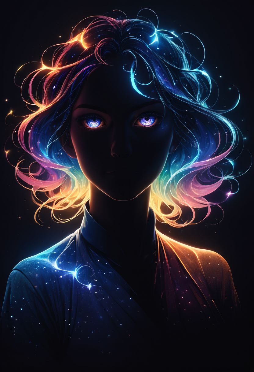 1girl,realistic,score_9,score_8_up,score_7_up,score_6_up,score_5_up,score_4_up glowing frame,backlight colors,silhouette colors,cosmic frame,beautiful woman in a frame,silhouette,backlighting,vibrant,magical night sky,illustration,soft,beautiful,dreamy,realistic,professional,simple,twinkling night sky,extremely detailed,hyper detailed,illustration,half finished sketch,half colored sketch,anime,masterpiece,bright colors,high contrast,vivid lighting,dark background,simple background,<lora:PonySpiritAnimals:0.5>,