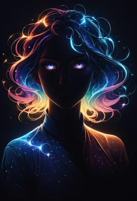 1girl,realistic,score_9,score_8_up,score_7_up,score_6_up,score_5_up,score_4_up glowing frame,backlight colors,silhouette colors,cosmic frame,beautiful woman in a frame,silhouette,backlighting,vibrant,magical night sky,illustration,soft,beautiful,dreamy,realistic,professional,simple,twinkling night sky,extremely detailed,hyper detailed,illustration,half finished sketch,half colored sketch,anime,masterpiece,bright colors,high contrast,vivid lighting,dark background,simple background,<lora:PonySpiritAnimals:0.5>,