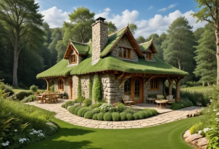 in front hangs a one-story fabulously magical house of a fairy, a wizard, a wizard, built of stone, covered and merged with nature, the roof reaches the ground and is completely covered with grass and green grass, a large veranda. in front of a table and chairs made from the branches of bushes and trees, deck chair type, large barbecue, windows, stone chimney, spacious inside, avant-garde ecologically independent house merging with nature, built from natural materials found in nature, fantastically fabulous style, photorealism, sense of harmony and tranquility, relaxation, fantasy and magic