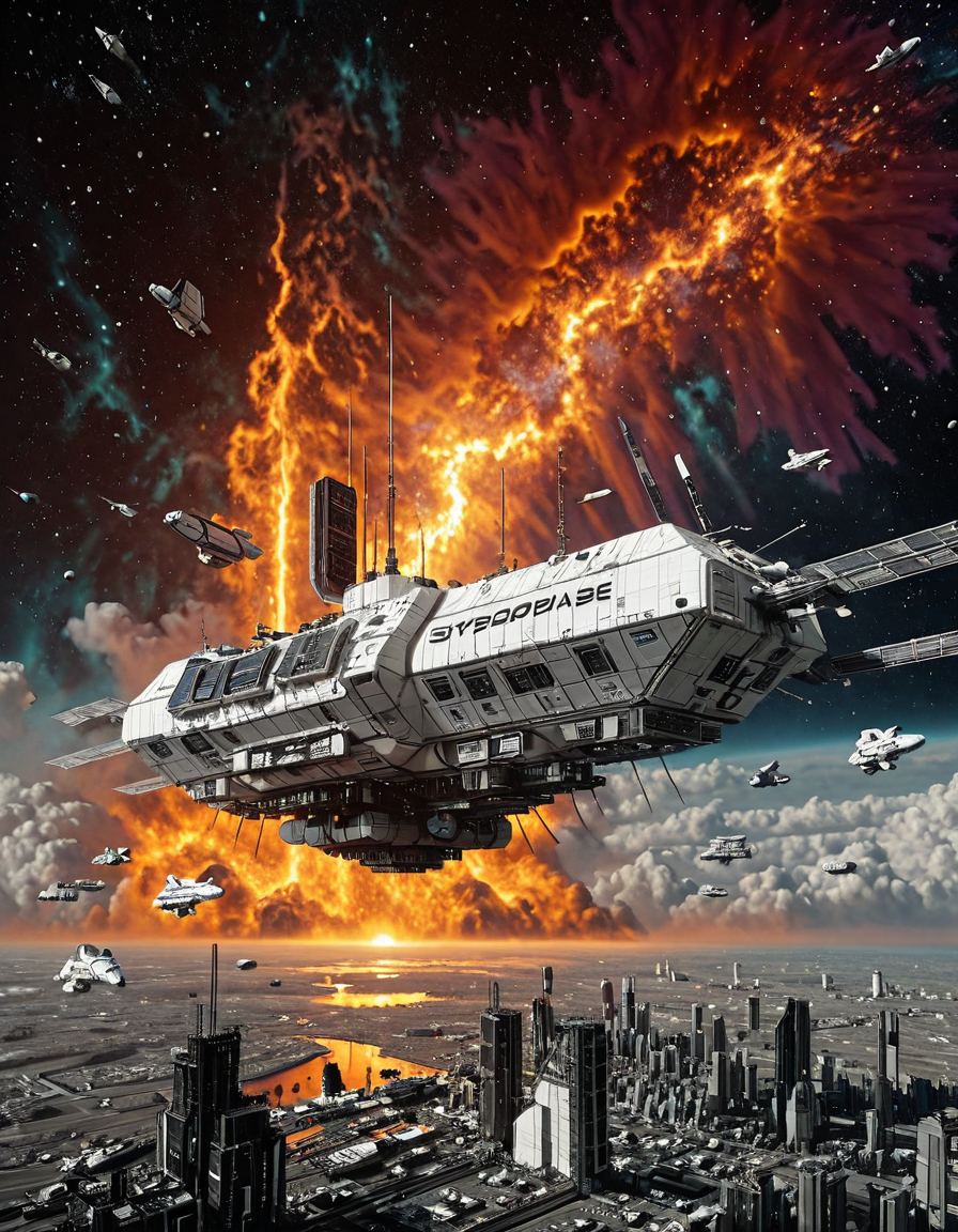 <lora:Space_Worlds_Minis_3v2:1> swminis3all, Test1, space station, kanji, white, cyberpunk city on space station, science fiction, in space, outdoors, spaceship, sunset, mountains, fire nebula, mothership