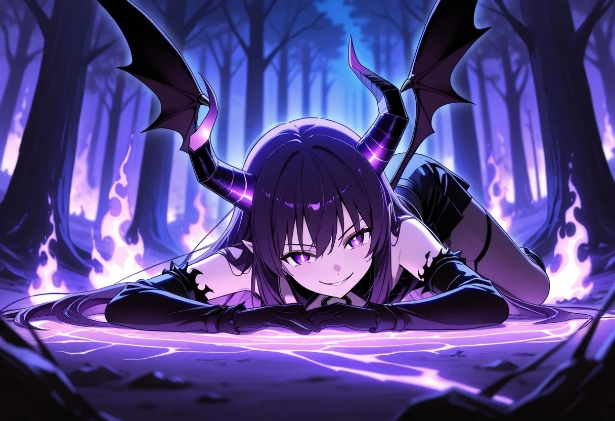 masterpiece, best quality, high quality, high details, source_anime, score_9, score_8_up, score_7_up, extremely detailed,
1girl, demon, short horns, cracked horn, small demon wings, purple eyes, bright eyes, evil smile, dinamic pose, lying, magic effects, mana around body, magic aura,
Burning forest, burning trees, purple fire, dark blurry background, cinematic light, night time, purple theme, dark colours, low angle,