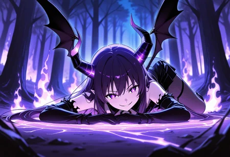 masterpiece, best quality, high quality, high details, source_anime, score_9, score_8_up, score_7_up, extremely detailed,
1girl, demon, short horns, cracked horn, small demon wings, purple eyes, bright eyes, evil smile, dinamic pose, lying, magic effects, mana around body, magic aura,
Burning forest, burning trees, purple fire, dark blurry background, cinematic light, night time, purple theme, dark colours, low angle,