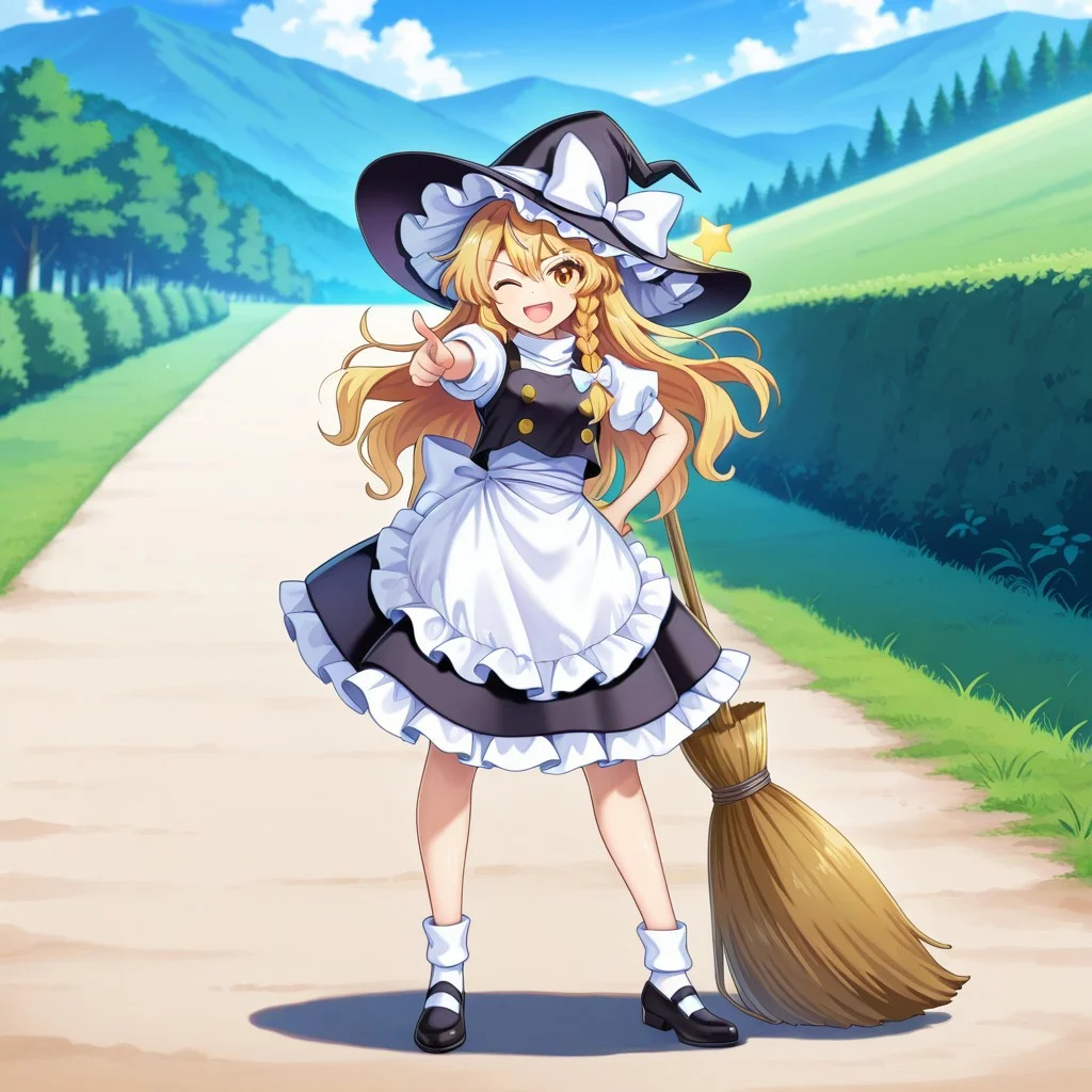 absurdres, masterpiece, best quality, amazing quality, artist:rotte(1109), touhouLW_style, kirisame marisa, 1girl, apron, black footwear, blonde hair, bow, braid, broom, frilled hat, frills, hand on own hip, hat, hat bow, hat ornament, long hair, looking at viewer, side braid, single braid, smile, socks, solo, star (symbol), star hat ornament, white apron, white bow, white socks, yellow eyes, outdoors, wink, open mouth, pointing at viewer
