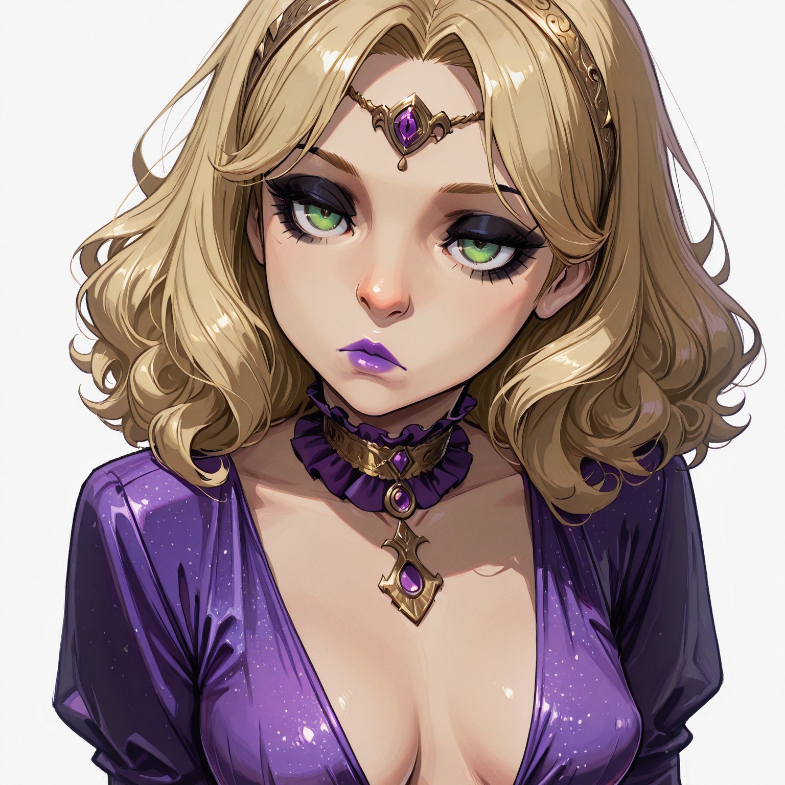 ((medium long shot)), HadesCharacterArtstyle-IL-V1.0, Sinozick_illu, gradient, spot color, devilhs,
/, 4n1k4ck, 1girl, blonde_hair, short_hair, wavy_hair, parted bangs, green_eyes, (small breasts: 0.4), perky breasts,
/, ((purple clothes, royal dress, gold_trim, plunging_neckline, frilled_dress, frilled_choker), gold circlet), black eyeshadow, purple lipstick,
/, (((portraint))), looking at viewer, ((bored:1.2)),
/, ((white background, simple background)), solo,