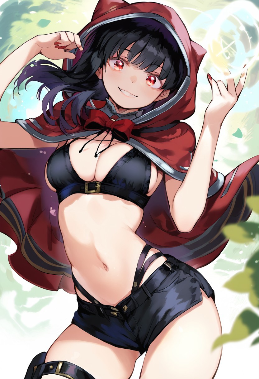 solo, hyocorou, 1girl, long hair, bangs, red eyes, black hair, medium breasts, smile, BREAK <lora:little-red-riding-hood-cosplay-ponyxl-lora-nochekaiser:1>, littleredridinghoodcosplay little red riding hood \(grim\) \(cosplay\), red hood, hooded capelet, red capelet, red cloak, hood, black short shorts, black bikini top, small bikini, tight bikini top, skimpy clothes, BREAK outdoors, forest, colorful, looking at viewer, BREAK ((ultra-detailed)), ((best quality)), ((best quality)), ((beautiful eyes)), ((extremely detailed)), 4K, (8K), best quality, (beautiful), Master piece, highres, score_9, score_8_up, score_7_up, score_6_up, score_5_up, score_4_up, colorful, best quality, official art, highres, masterpiece, nai3, god light, detailed background, high quality background,