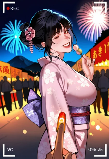 masterpiece, best quality, absurdres, highres, general, by kp
quality,newest,absurdres,highres,very awa, 1girl, beautiful face, detailed eyes,slim body,mature female,from side,pov, dutch angle, black hair,blunt bang, hair ornament, red eyes, looking at viewer, smile,open mouth, (closed eyes), large breasts, floral print pink kimono, purple obi,lens flare abuse, out of frame, head tilt,holding dango, night sky,(fireworks), street,mountain, people, new year, market stall,bokeh, cloud, depth of field, blurry background, viewfinder, battery indicator,user interface ,timestamp,fake phone screenshot