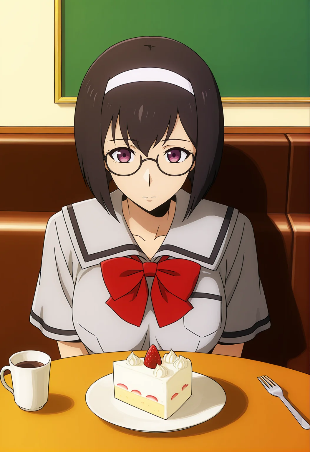 <lora:Lee Bora_illustrious-000038:1>,
Lee Bora,glasses,school uniform,food,fork,cup,hairband,table,sitting,cake,solo,1girl