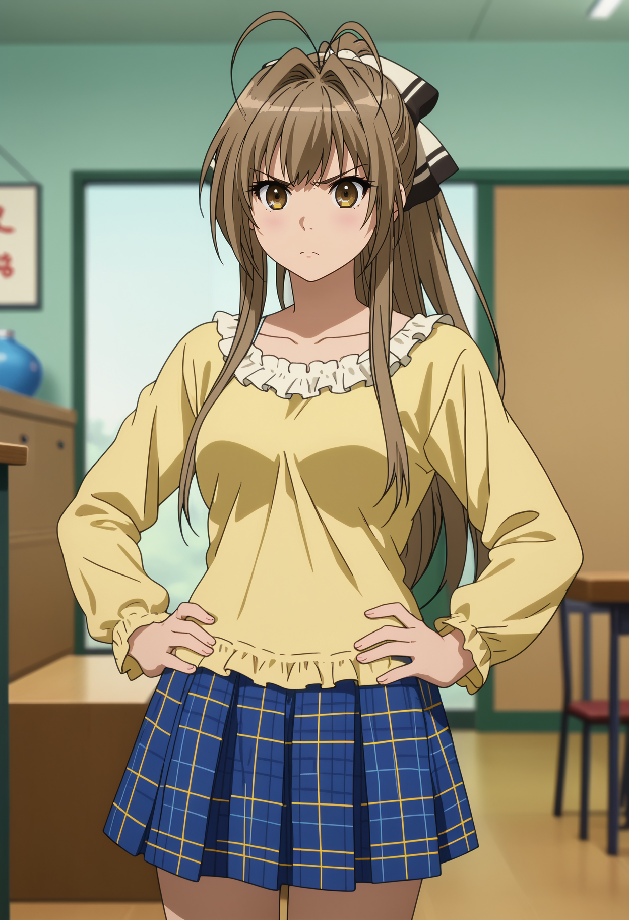 score_7_up, anime screencap,
<lora:AmagiBrilliantPark_SentoIsuzuXL:0.9>,
1girl, solo, closed mouth, angry,
long hair, ponytail, brown hair, antenna hair, hair intakes, brown eyes, hair bow,
SentoCasual2, frilled shirt, yellow shirt, long sleeves, blue skirt, plaid skirt, 
standing, looking at viewer, thigh gap, hands on own hips,
blurry background, indoors