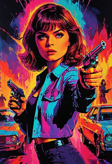 Movie Poster page for The Danger, impactful color paint of a bangs haired woman holding a pistol in a cool way, cars in the background, highly detailed, vibrant colors, 8k, sharp, professional, clear, high contrast, high saturated, vivid deep blacks, crystal clear, movie poster, sharp edges