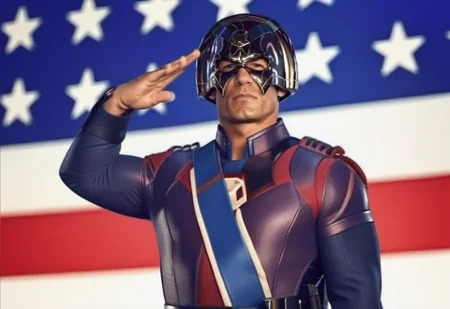 cinematic photo,Peacemaker1024 , a muscular man with helmet and a red shirt, salutes, american flag background, highly detailed ,ultra sharp, photograph, film, bokeh, professional, 4k, highly detailed  <lora:Peacemaker1024:0.8>