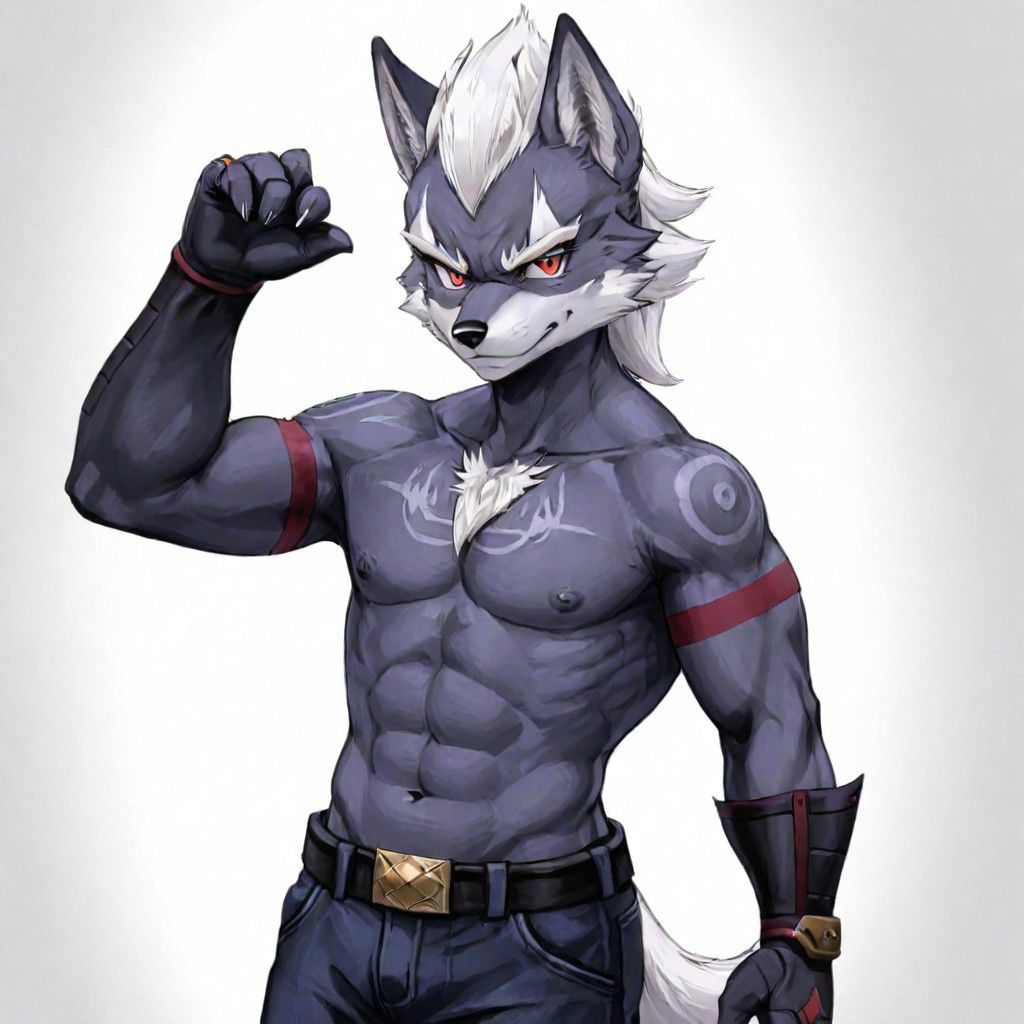 wolf o' donnel, shirtless, white hair, white mohawk hair style, white chest fur, red eyes, checky smile, penis bulge, tight pants, long tail