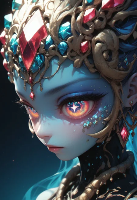 easynegative, source_anime, zPDXL2, extremely detailed, score_9, score_8_up, score_7_up, score_6_up, object_head, h3ad, <lora:Insert_Head_Here:1> sparkling diamonds and jewels, cosmic sea in eye, close up, looking over shoulder