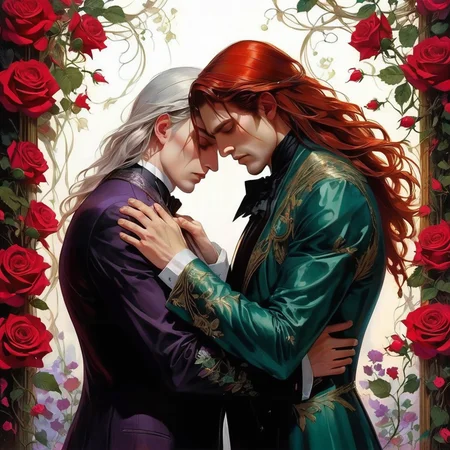 two men embrace, one with long hair, one with short hair, tragic romance, front to back, looking away from each other, sad, downturned faces, tears, gothic, tragic romance, gay, gorgeous, cinematic, intricate, Art Nouveau roses and vines border, broken hearts, sorrow, tears, broken, concept art, oil painting, vivid colors, red, black, green, brown, white, yellow, purple, teal,  <lora:add-detail-xl:1> intricate,