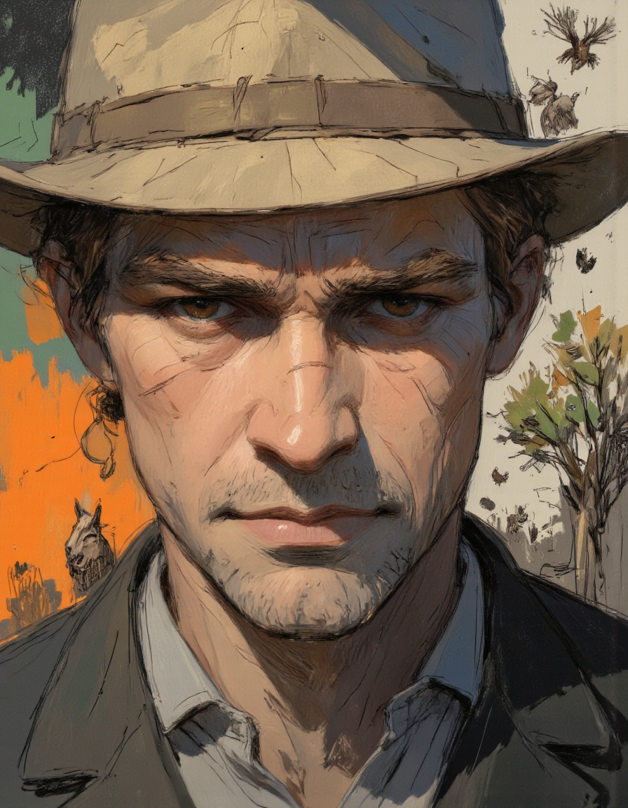 Close up portrait in Ev Ganin II style.
This image is a digitally created portrait of a man with a rugged, weathered appearance. The artwork is a mix of traditional and modern styles, characterized by bold, expressive lines and a vibrant color palette. The man's face is prominently displayed, occupying the center of the image. His skin is detailed with intricate shading, showcasing a weathered complexion with a prominent nose and a strong jawline. He wears a wide-brimmed hat, which casts a shadow over his face, adding to his mysterious and intense demeanor. The background is a chaotic mix of abstract patterns and colors, including orange, green, and black, creating a sense of depth and complexity. There are also scattered elements of nature, such as trees and possibly animals, adding to the surreal and dynamic feel of the artwork. The overall style is reminiscent of contemporary digital art with influences from both realism and abstract expressionism, blending together to create a powerful and evocative portrait. <lora:Ganin_II:1.0>