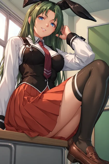 score_9, score_8_up, score_7_up, score_6_up, BREAK, MikaItoBBXL, blue eyes, green hair, long hair, parted bangs, black rabbit ears, medium breasts, school uniform, black vest, strap, white shirt, red necktie, red skirt, black thighhighs, brown shoes, solo, sitting, bellow view, seductive smile, looking at viewer, indoors <lora:MikaItoBBXL:1>