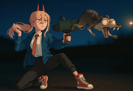 embedding:IllusP0s, wwafr, night, Scrat launcher gun, launching scrat, holding weapon, outdoors, 1girl, expressionless, contrast lighting, blurry background, high top sneakers, white shirt, button up shirt, collared shirt, blue jacket, black pants, red horns, pink hair, red tie, power_\(chainsaw man\), weapon focus,
