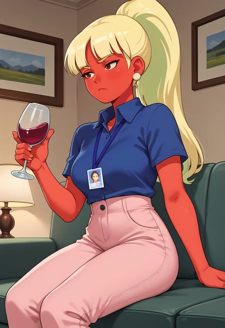 score_9, score_7_up, source_anime, 1girl, sitting, frown, half-closed eyes, holding wine glass, <lora:JackieGoingUnder-pdxl:1> jackie, blonde hair, high ponytail, long hair, blunt bangs, red skin, brown eyes, white earrings, blue shirt, collared shirt, medium breasts, short sleeves, lanyard, pink pants, high-waist pants, indoors, couch, lamp