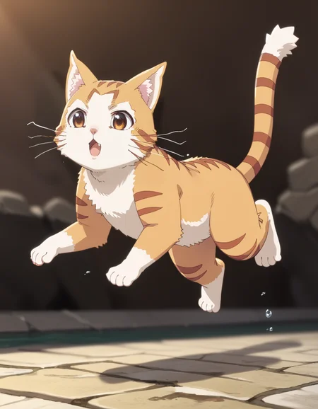 score_9, score_8_up, score_7_up, source_anime, BREAK
dungeon, dark background, running, jumping, open mouth, blurry background, solo,
1cat, tama (beheneko), cat, orange fur, white fur, brown stripes, pointy ears, whiskers, cat ears, white muzzle, fluffy tail, striped tail
<lora:tama-beheneko_s1-anime-soralz:0.9>