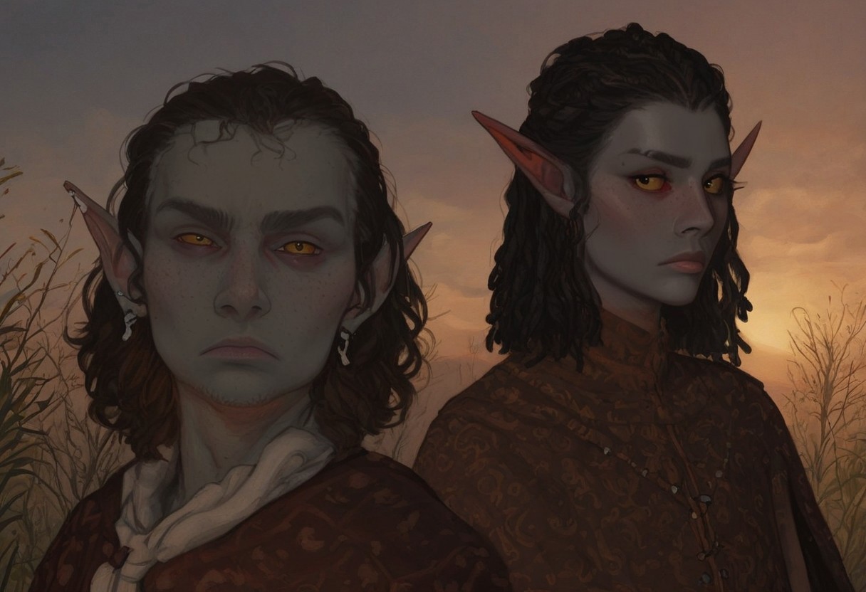 solo, short pointy ears, full body, piercings, random elf face, aquiline features, male dark elf, masculine, facial hair, brow rings, beaded piercings, weathered skin, blue-grey skin, chiseled features, large nose, insect chitin armor, insect chitin helmet, insect chitin ornaments, stylized insect pattern, athletic build,  animated realism, zoomed out, Syrian features, torso, yurts, tents, native camp, elegant berber tapestries, dead desert trees, ash dunes, distant volcano, ashy soil, grey green foliage, distant grey hills, sunrise, gloomy lighting, grey fabric awnings, dark wood posts, light dust clouds, grey-blue skin, grey skin, mahogany and ivory clothes, medium armor, bone plate armor, ivory straps and fittings, alien bone ornaments, grey wood neckguard, red sclera, black pupils, blue-green light, neon, highly detailed, defined features, looking at viewer, three quarters view, from side, dynamic lighting, 29 years old, light and shadows, patterned cloth, annoyed expression, expressive eyes, detailed medieval clothes, short hair, wavy hair, thick hair, beaded hair, braided hair, under cut hair, semirealistic, alien elf, spanish features, jewish features, black hair, dark red hair, umber skin, sharp features, pastel green inuit print cloak, nighttime, high detail, absurdres, pretty eyes, detailed eyes, yellow eyes,