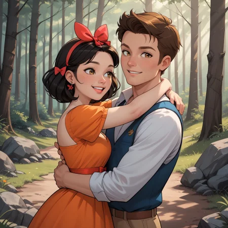 masterpiece, best quality, score_9, break. Ella_X_Topher, (1boy, Topher, Brown hair), break, (1girl, Ella, Black hair, hair bow), hug, forest, natural lighting