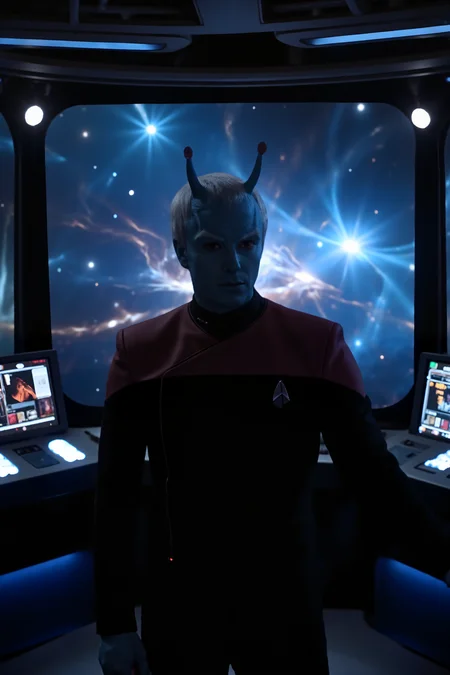 A high-resolution photo of a futuristic starship bridge, bathed in soft, ambient light from the shipâs control panels and displays. At the center of the scene, the captain, andorian man with blue skin and antennae dressed in a striking black PCD uniform with red shoulders, stands confidently at the command station. The uniformâs sleek design and distinctive red hue contrast sharply with the cool, metallic tones of the bridgeâs advanced technology. Behind the captain, large windows reveal a breathtaking view of distant galaxies and vibrant nebulae. The bridge is filled with an array of holographic interfaces and glowing control consoles, creating a high-tech, immersive environment. The captainâs posture and focused expression exude leadership and resolve, perfectly capturing the essence of futuristic command.<lora:midjourney_whisper_flux_lora_v01:0.55><lora:aidmaMJ6.1-FLUX-V0.1:0.4><lora:FluxMythP0rtr4itStyle:0.4><lora:detailed_flux_ntc:2.2><lora:aidmaImageUpgrader-FLUX-V0.1:0.65><lora:PCD_FLUX:1.1><lora:andorian_FLUX>