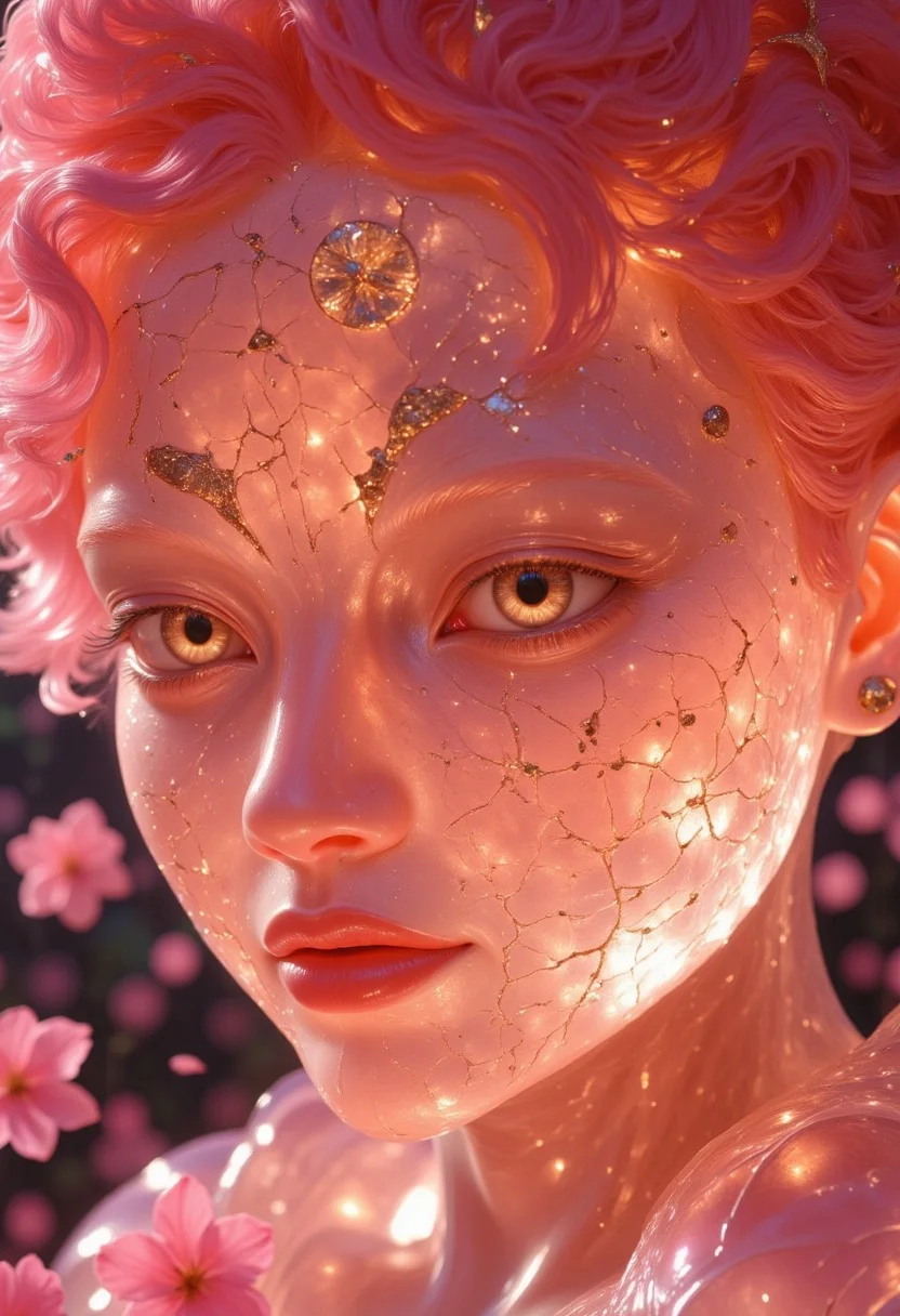 Close-up portrait of a statue of a an asian woman staring at the viewer. Her head and body are semi-translucent, polished Rose Quartz, with numerous, glowing, fine, hairline cracks covering the head and down her neck creating a statue-like effect. Her eyes are a light pink color, gold dust eye shadow, and her lips are a rich, gold-colored lipstick. The lighting focuses on the face, creating strong highlights and shadows. The background is softly blurred showing a sea of cherry blossoms petals, but is blurred and out of focus so all visual attention is on the woman's eyes, nose and mouth. Her pink, curly hair blends in with the background. The overall impression is one of dramatic beauty, with an almost otherworldly quality. (((ultra-realistic style))), realistic soft lighting, eye-catching, atmospheric lighting, natural, shallow depth of field, (highlights: 0.8), high detail (dynamic, sincere, cinematic shot, film grain, bokeh, depth of field) <lora:FLUX-daubrez-DB4RZ-v2:1> DB4RZ, DB4RZ style painting