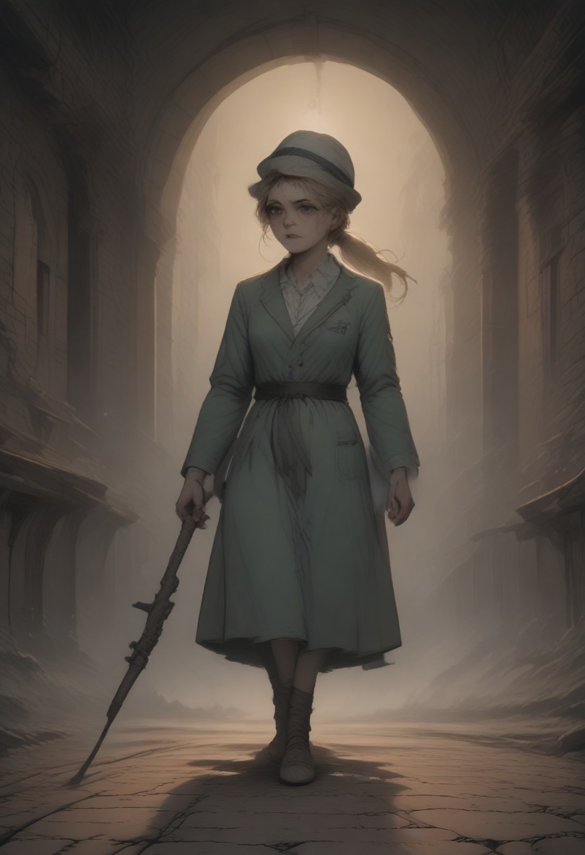*"painting of  weak elder moss dirty blonde hair, hair acorn jewelry, green clothing, ponytail, bangs, in a fungal overgrowth dungeon setting holding a crystal walking staff looking out window, with coffee holding an ancient tome book of spells" anime-inspired