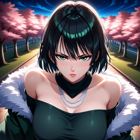 black hair, short hair, high definition, green eyes
OUTFIT:
black dress, dress, fur coat, high collar, jewelry, necklace, off shoulder, taut clothes, taut dress, highres, high quality, best quality, volumetric lighting, UHD, skin texture, skin detail, high quality skin, highly detailed, firm breasts.
BEHAVIOR:
mature female,face view, high angle, portrait, beautiful eyes, looking at viewer, love look,in love,close up, face 4k, serious.
BACKGROUND:
night day,cherry trees, background