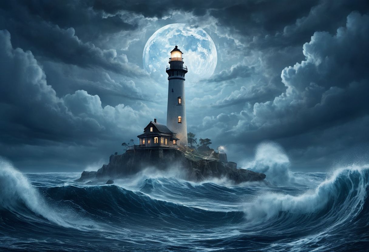 Studio Ghibli style, best quality, high resolution, 8k aesthetic, mesmerizing celestial moonlight, ultra-detailed. raging ocean with dark blue sea. waves crashing along the sea reaching off into the distance. rain clashes across the water scape as thunder crackles in the background. a light house is being destroyed by the ferocity of the waves the ocean was producing. The holes smashed into the lighthouse from the weight of the waves. The rain causing a foggy cloud across the landscape. A typhoon crushing down upon the ship. The waves reaching high into the sky dwarfing the ship and the town as the waves are like a large tsunami. Wood is broken and spread across the surface of the ocean showing the large amounts of damage the ship and town have suffered. Parts of buildings are sticking out of the water having been flooded. the ship is that of a 1700s naval pirate ship. under the water you can see parts of the ship sinking deep into the water below. night time. cloudy sky. waves crashing into the lighthouse reaching half way up it. misty fog along the landscape. the water the main focus as it crashes into the lighthouse. the moon is heavily coverd by clouds. pouring rain across the waterscape. heavy storm. fog. heavy storm clouds.