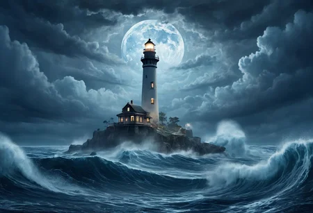 Studio Ghibli style, best quality, high resolution, 8k aesthetic, mesmerizing celestial moonlight, ultra-detailed. raging ocean with dark blue sea. waves crashing along the sea reaching off into the distance. rain clashes across the water scape as thunder crackles in the background. a light house is being destroyed by the ferocity of the waves the ocean was producing. The holes smashed into the lighthouse from the weight of the waves. The rain causing a foggy cloud across the landscape. A typhoon crushing down upon the ship. The waves reaching high into the sky dwarfing the ship and the town as the waves are like a large tsunami. Wood is broken and spread across the surface of the ocean showing the large amounts of damage the ship and town have suffered. Parts of buildings are sticking out of the water having been flooded. the ship is that of a 1700s naval pirate ship. under the water you can see parts of the ship sinking deep into the water below. night time. cloudy sky. waves crashing into the lighthouse reaching half way up it. misty fog along the landscape. the water the main focus as it crashes into the lighthouse. the moon is heavily coverd by clouds. pouring rain across the waterscape. heavy storm. fog. heavy storm clouds.