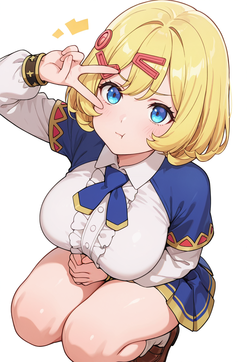 Smooth Quality,masterpiece,very intricate, high quality details, ultra realistic, high detailed skin,detailed enviorement,absurdres,
v over eye,solo,
 <lora:Esyne_CNR:0.8> esyne_cnr, blue eyes, blonde hair, short hair,large breasts, hair ornament, hairclip,, simple background, white background, front view,
crouching, hands together, foot forward, intense, ready,  ,, :t,