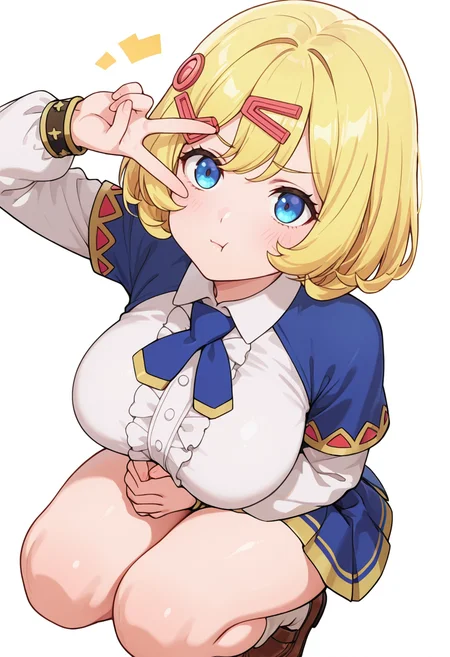 Smooth Quality,masterpiece,very intricate, high quality details, ultra realistic, high detailed skin,detailed enviorement,absurdres,
v over eye,solo,
 <lora:Esyne_CNR:0.8> esyne_cnr, blue eyes, blonde hair, short hair,large breasts, hair ornament, hairclip,, simple background, white background, front view,
crouching, hands together, foot forward, intense, ready,  ,, :t,