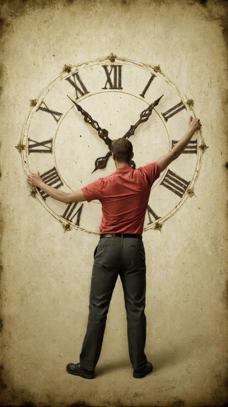 digital artwork depicting a surreal scene with a clock as the central focus. The clock has an old-fashioned design with Roman numerals and ornate, elongated hands. The clock is positioned horizontally, with the numerals and hands spread across the entire image. The numerals are in black, and the hands are dark brown, with one hand pointing to the numeral XII and the other to the numeral III. A man is positioned in the foreground, facing away from the viewer, with his back to the clock. He is wearing a red short-sleeved shirt, dark pants, and black shoes. His posture is exaggerated, with his arms stretched out and his body leaning forward as if he is trying to push the clock hands. The man's face is not visible, adding to the enigmatic nature of the scene.
The background is a plain, beige surface with a slightly textured appearance, giving it an aged or weathered look. The overall tone of the image is somber and contemplative, with a mix of realism and surrealism. The clock and the man's interaction create a thought-provoking visual metaphor about time and the human struggle against it.,aidmaimageupgrader, aidmaMJ6.1 <lora:aidmaMJ6.1-FLUX-v0.5:0.7> <lora:aidmaImageUprader-FLUX-v0.3:0.4>
